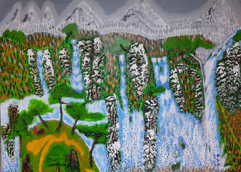Snow mountains and waterfalls