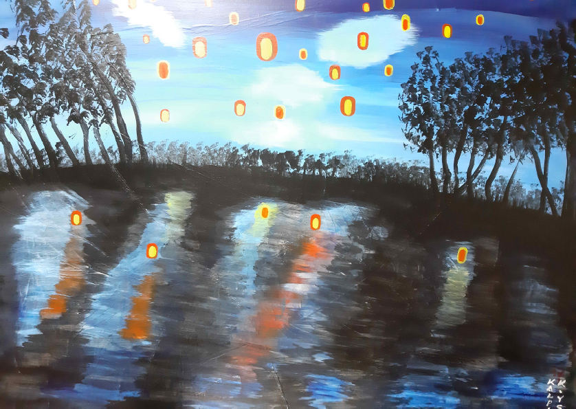 a wish lantern on the lake