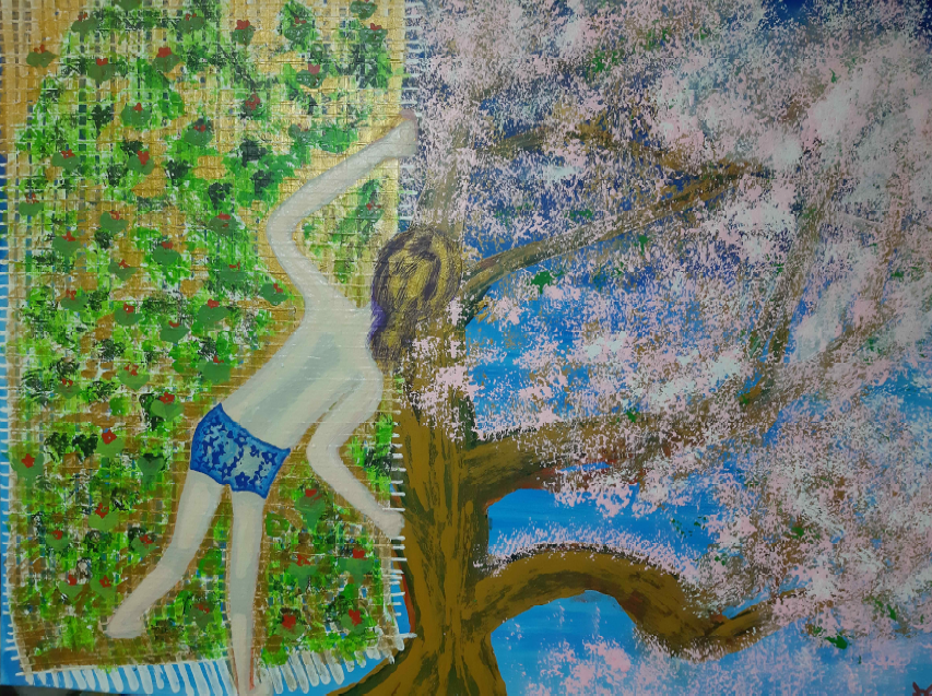 A cherry blossom tree outside the window